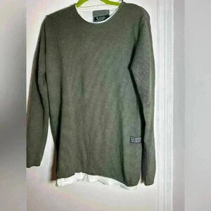 Ron Tomson Los Angeles. Men’s Waffle Knit Pullover. Green. Raw Edge. Mock Layer